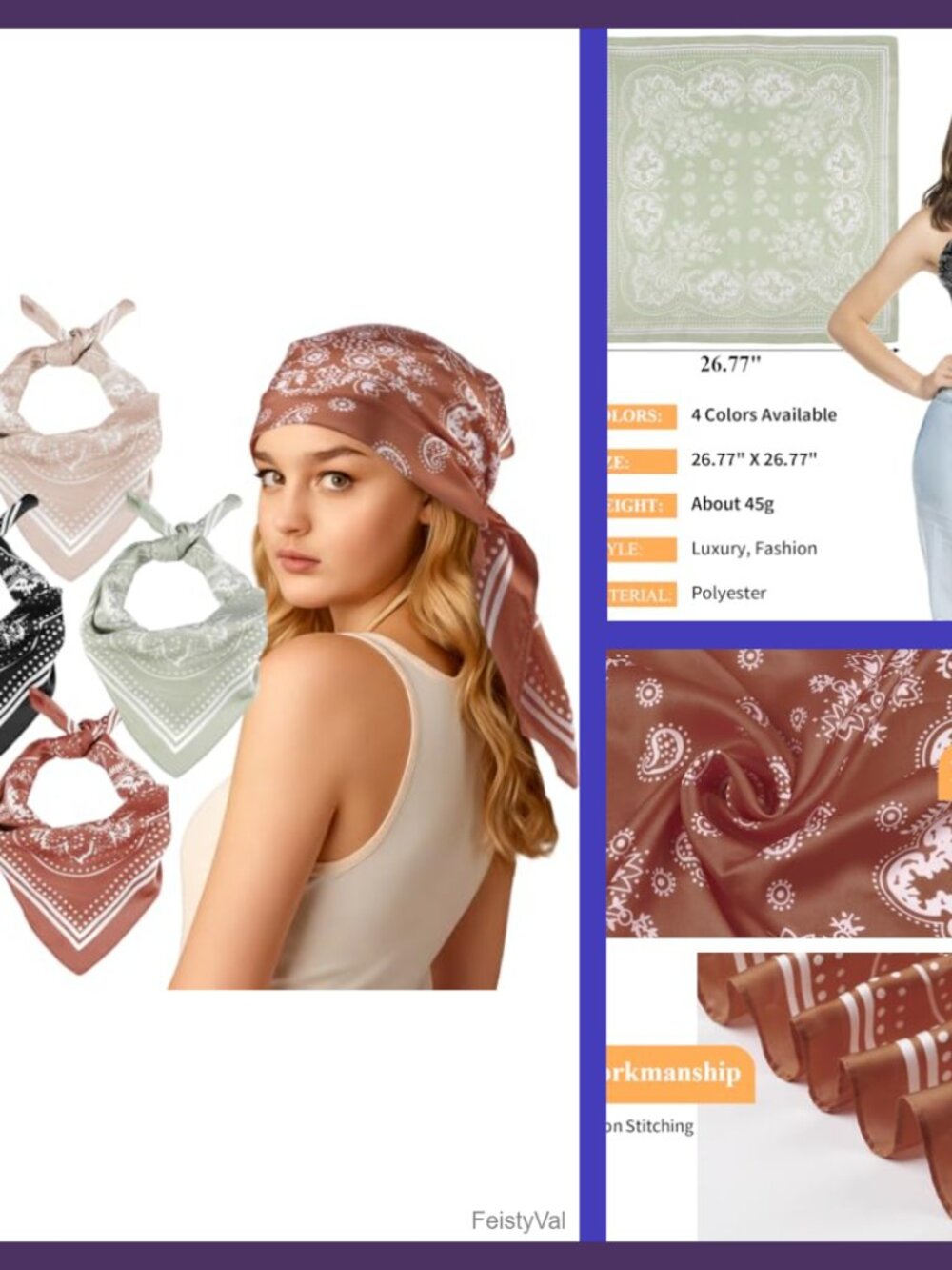 4 Pack Satin Bandana Scarf Set Polyester Hair Neck Headband Boho